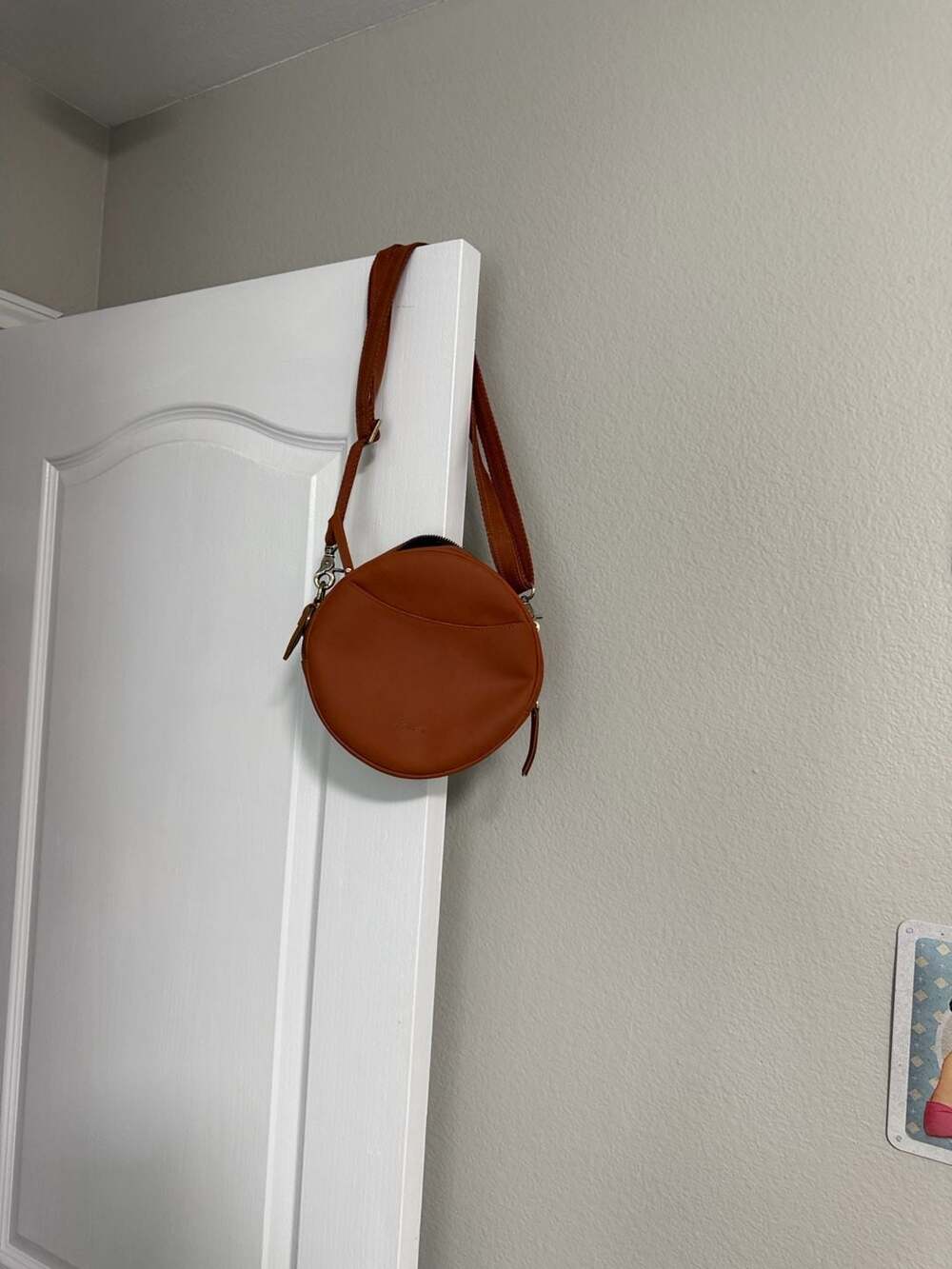S-ZONE Leather Circle Crossbody Bag Round Shoulder Purse Cognac
